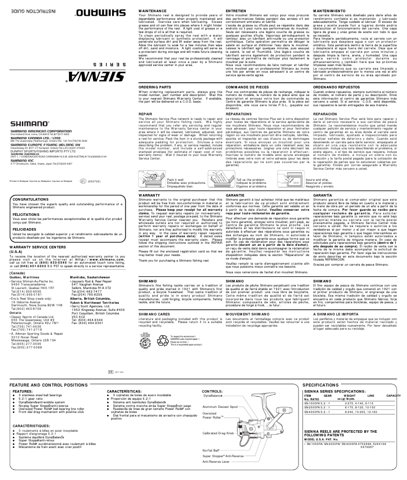 Page 1 of the manual User Manual Shimano Sienna 4000FA