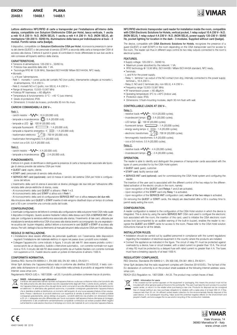Page 1 of the manual User Manual Vimar 19468.1.B