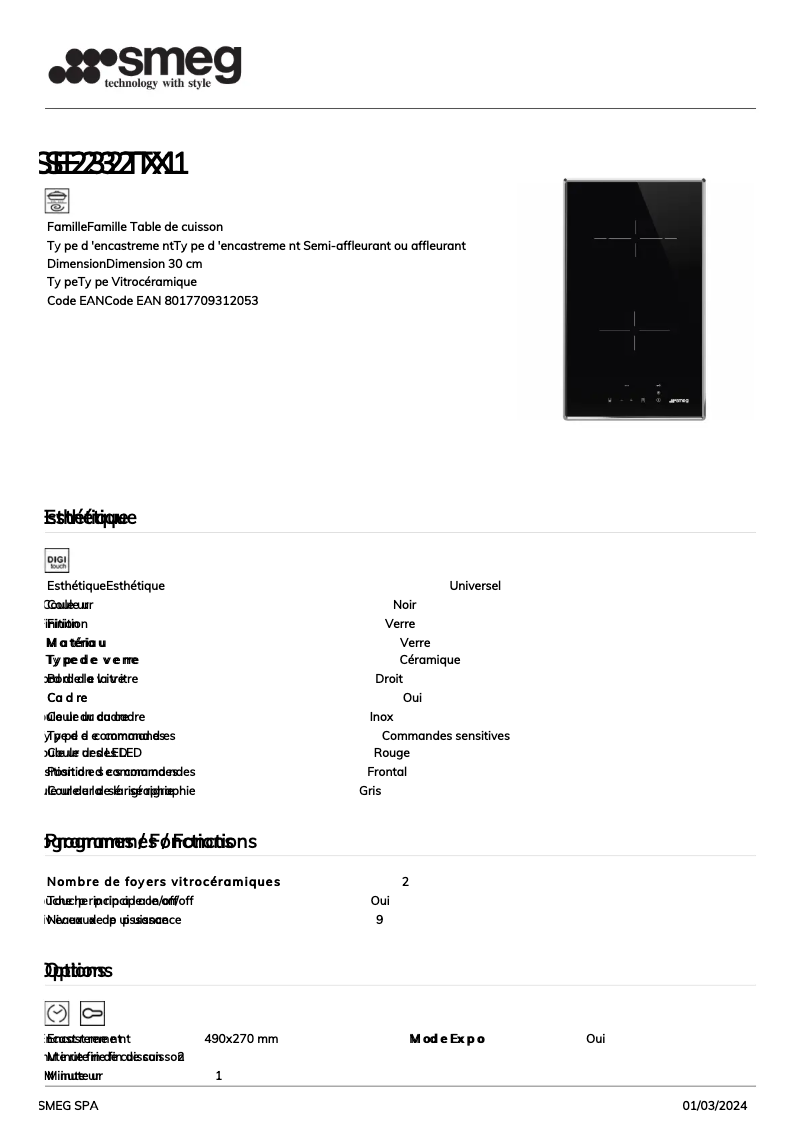 Page 1 of the manual Technical Sheet Smeg SE232TX1