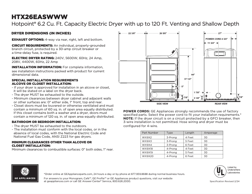Page 1 of the manual Technical Sheet Hotpoint HTX26EASWWW