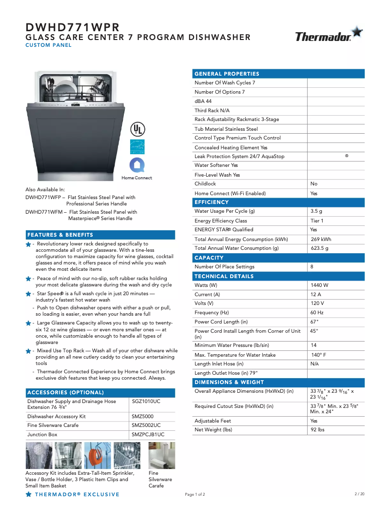 Page 1 of the manual Technical Sheet Thermador DWHD771WPR