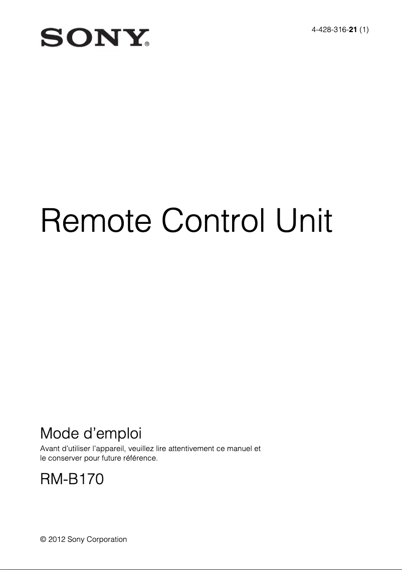 Page 1 of the manual User Manual Sony RM-B170