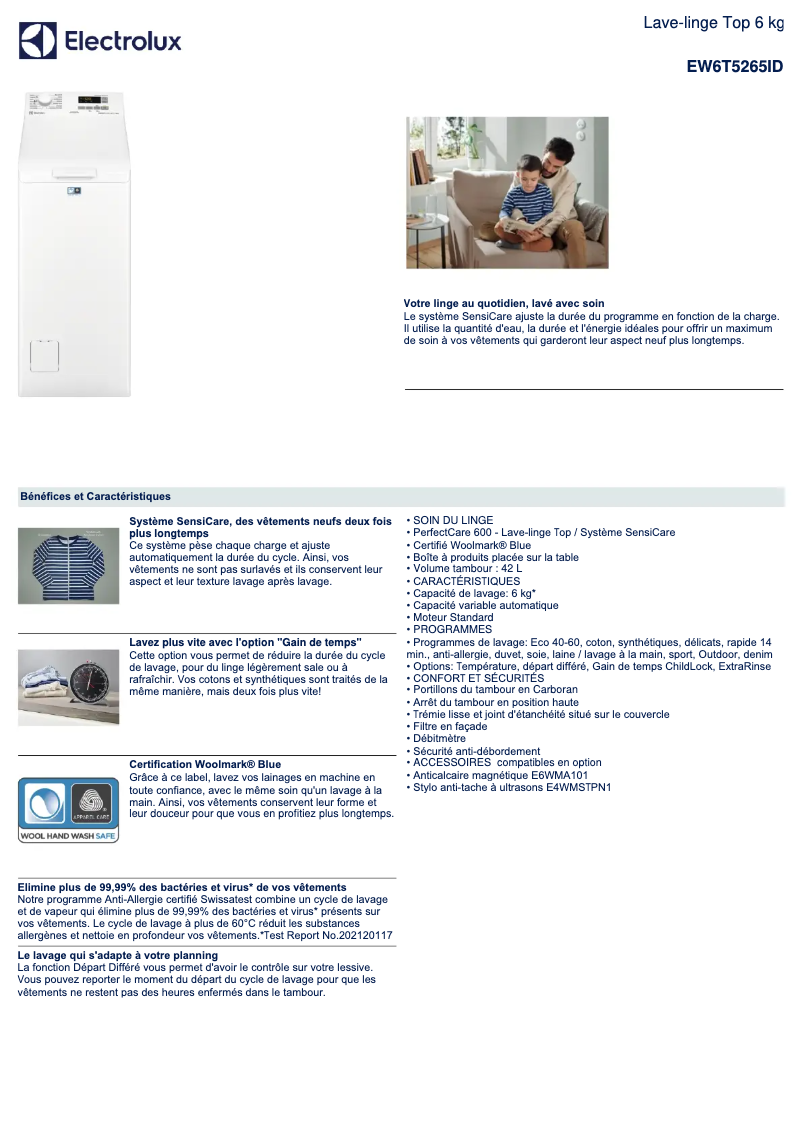 Page 1 of the manual Technical Sheet Electrolux EW6T5265ID