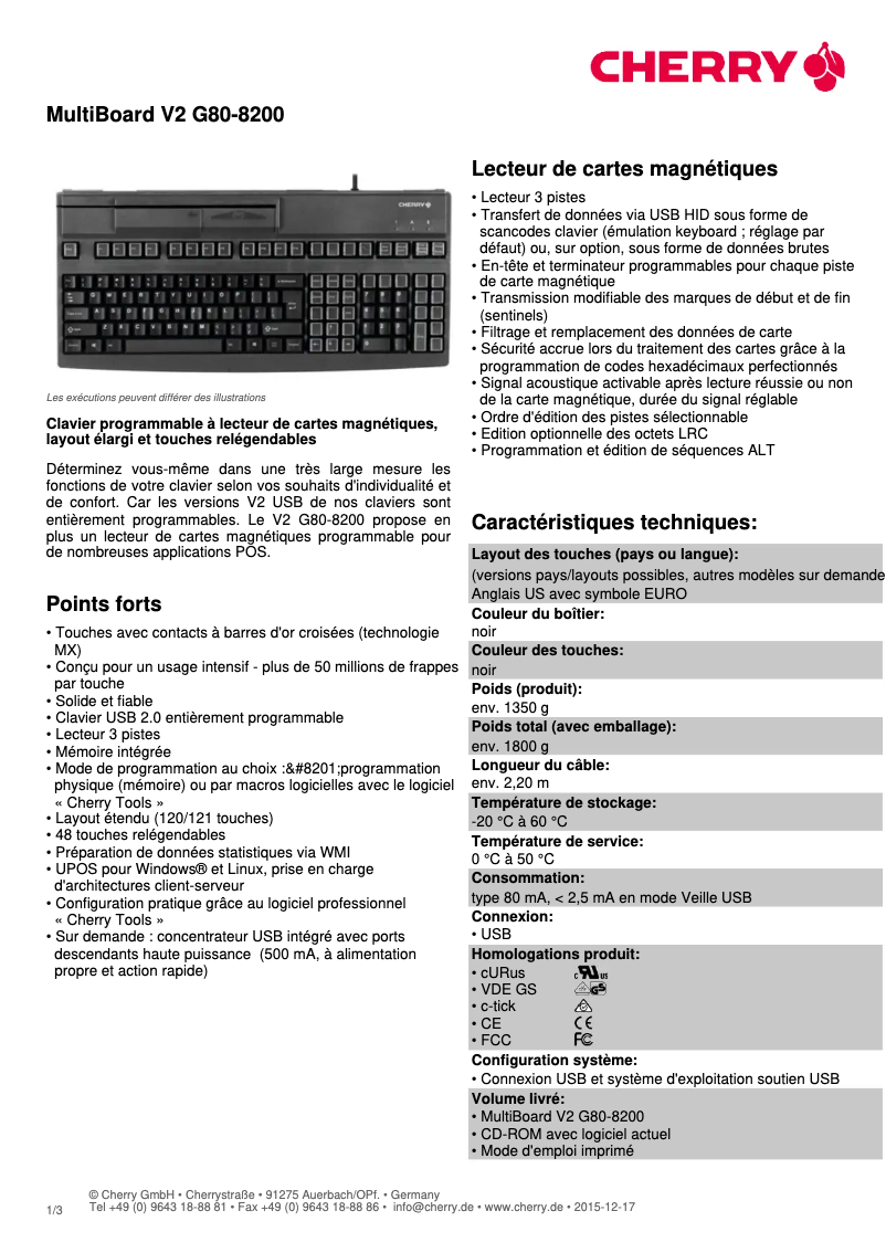 Page 1 of the manual Technical Sheet Cherry MultiBoard V2 G80-8200