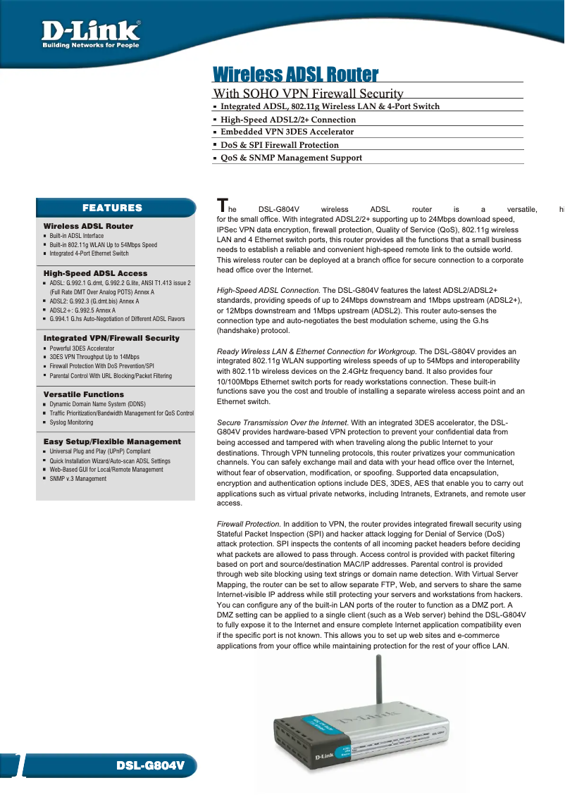 First page image of the manual for DSL-G804V
