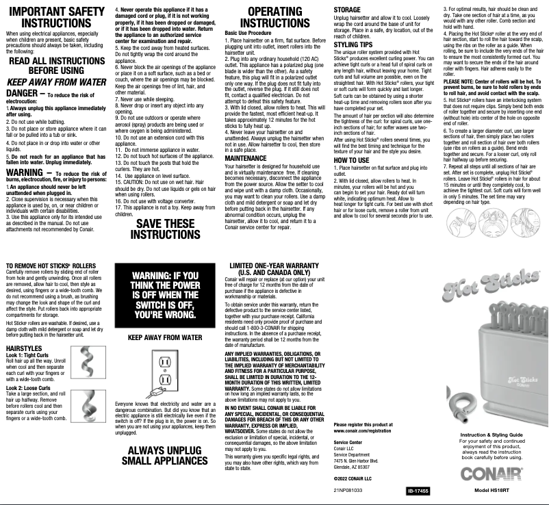 Page 1 of the manual User Manual Conair Hot Sticks HS18RT