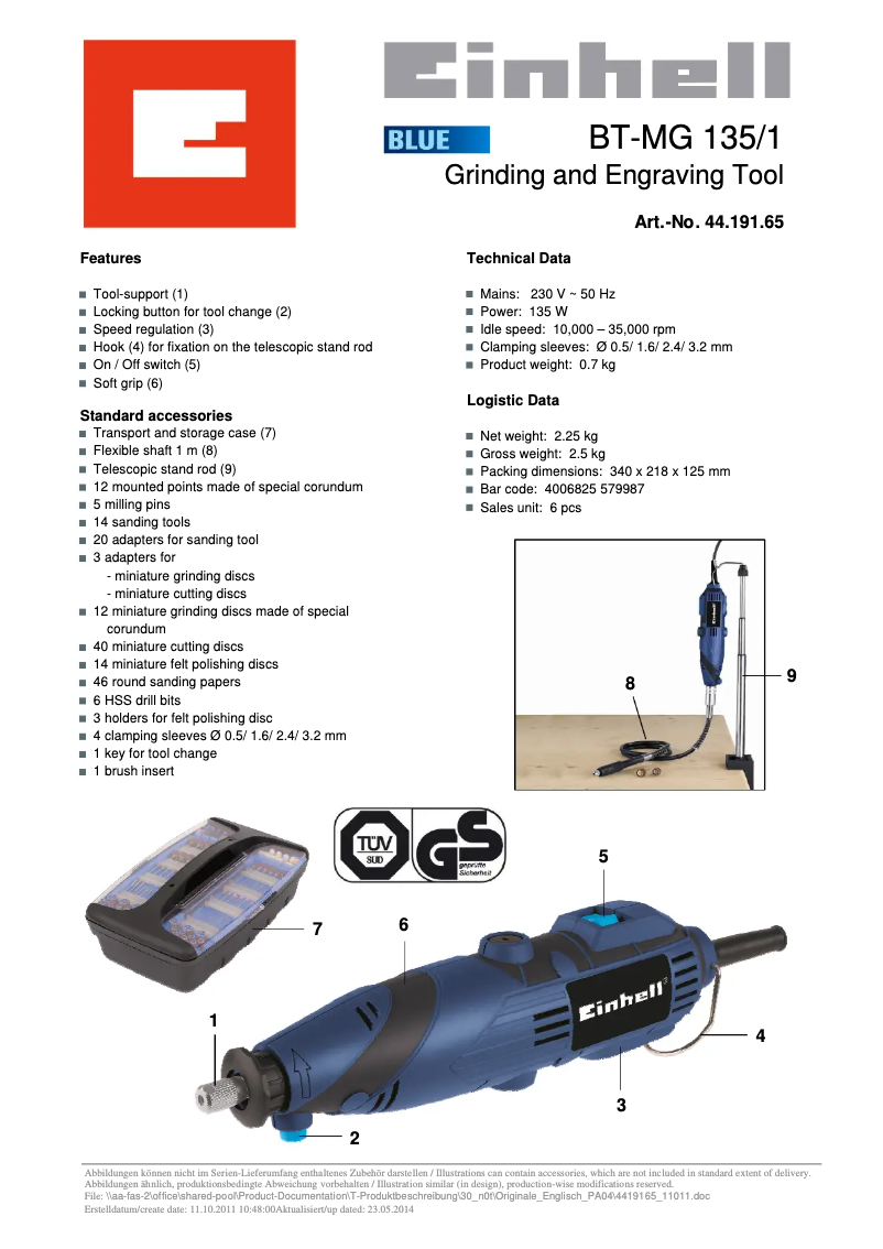Page 1 of the manual Technical Sheet Einhell BT-MG 135/1