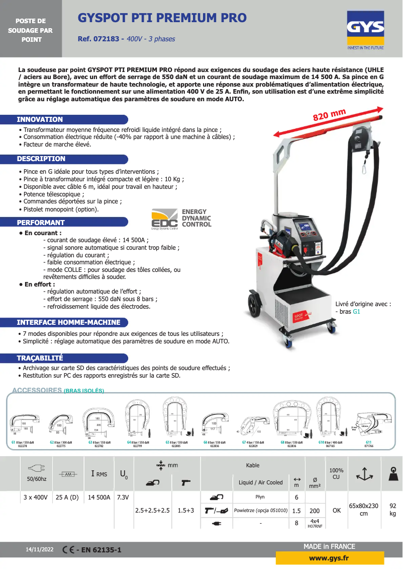 Page 1 of the manual Technical Sheet GYS Gyspot PTI Premium PRO 400V