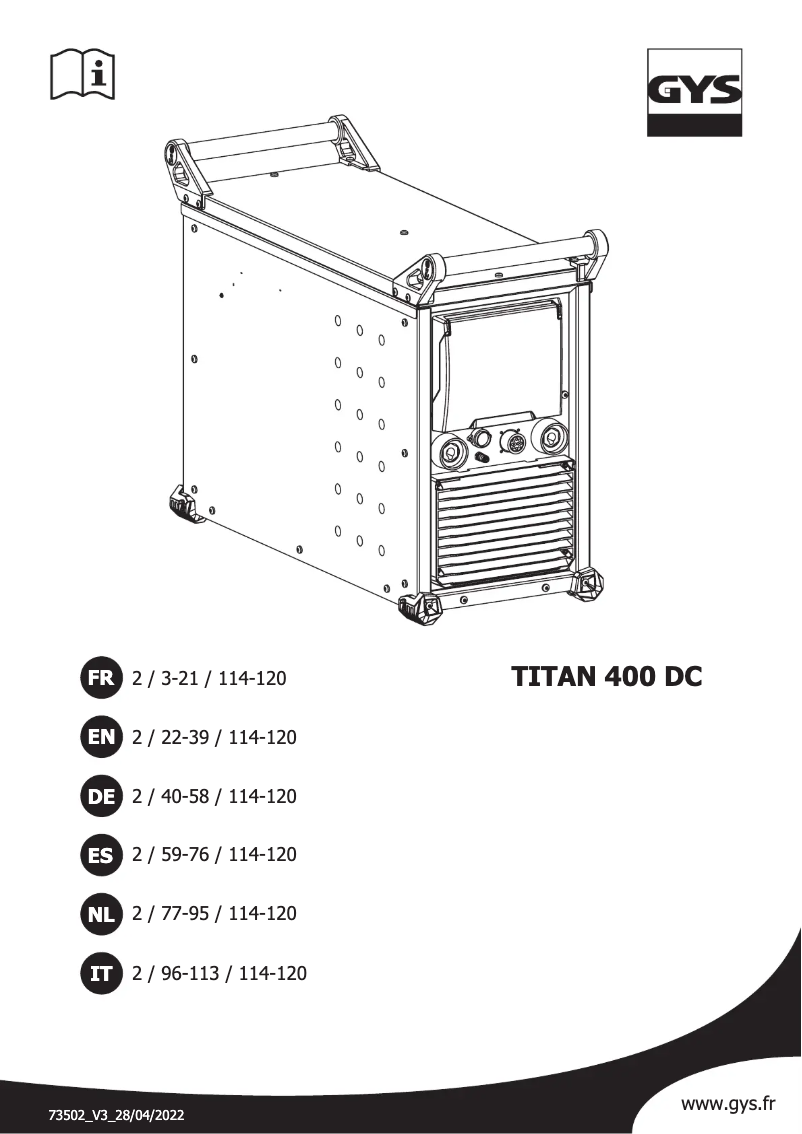 First page image of the manual for TIG Titan 400 DC