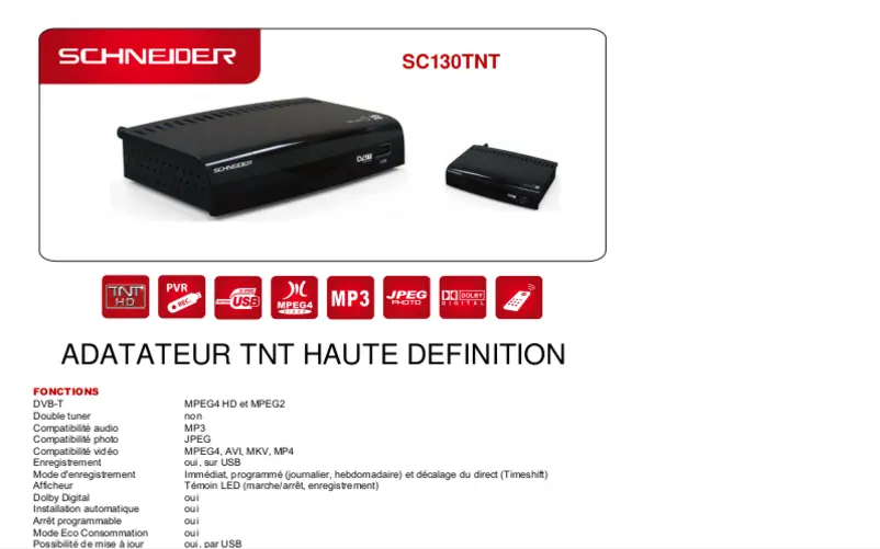 Page 1 of the manual Technical Sheet Schneider SC130TNT