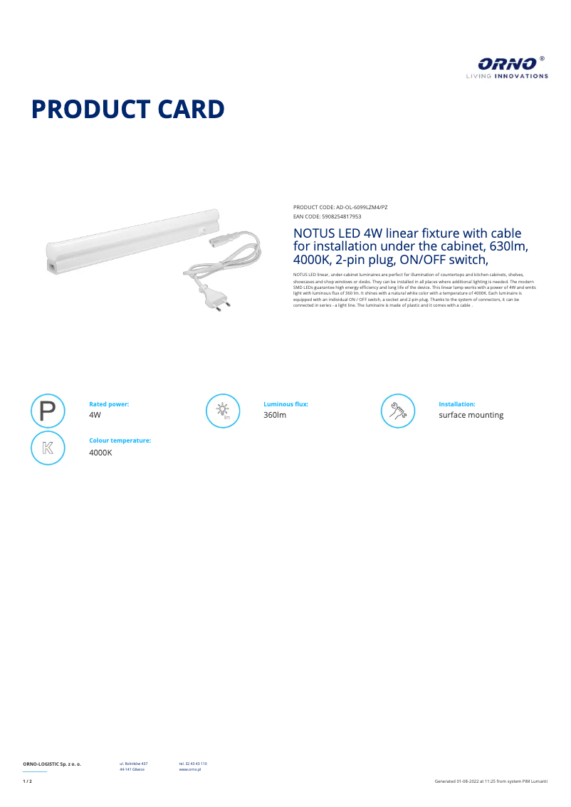 Page 1 of the manual Technical Sheet Adviti AD-OL-6099LZM4/PZ