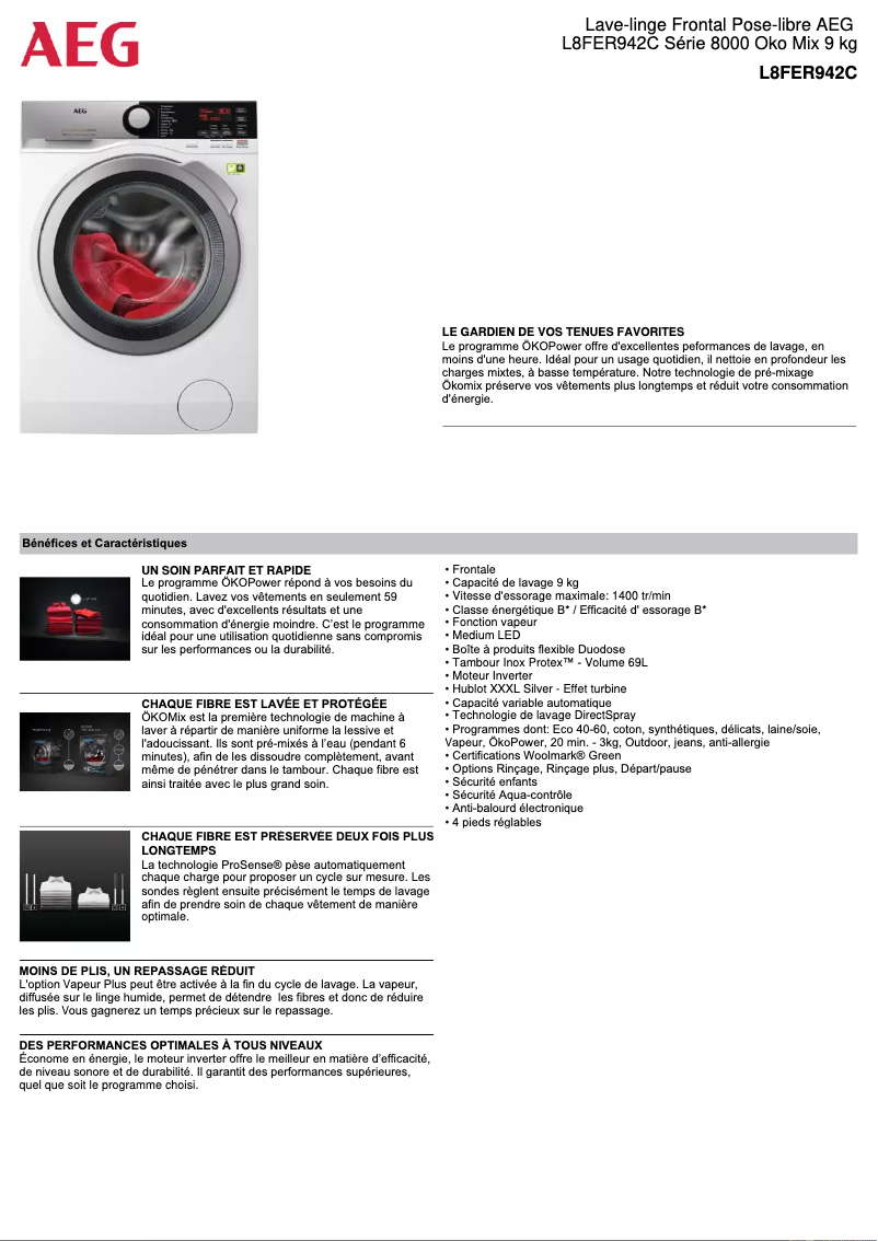 Page 1 of the manual Technical Sheet AEG L8FER942C