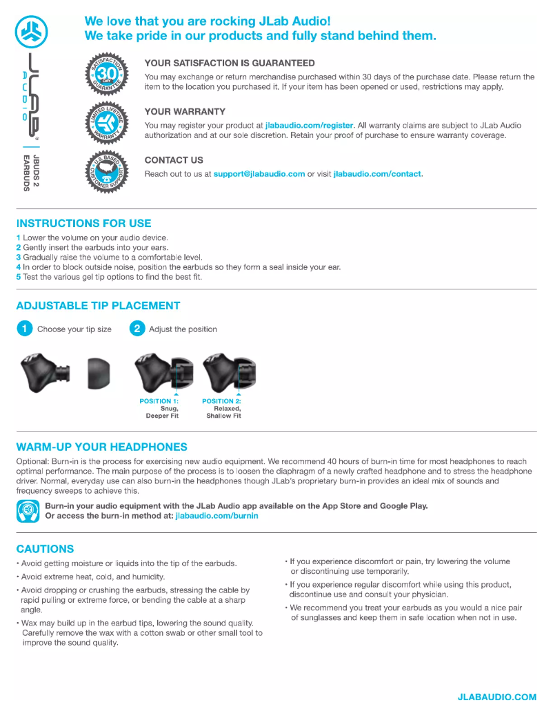 Page 1 of the manual User Manual JLab JBuds2 Signature