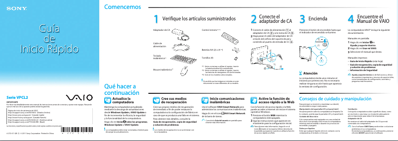 First page image of the manual for Vaio VPCL212FX