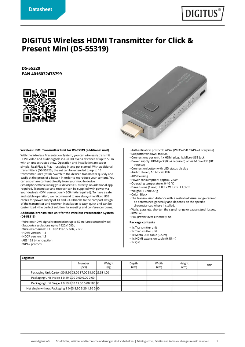 Page 1 of the manual Technical Sheet Digitus DS-55320