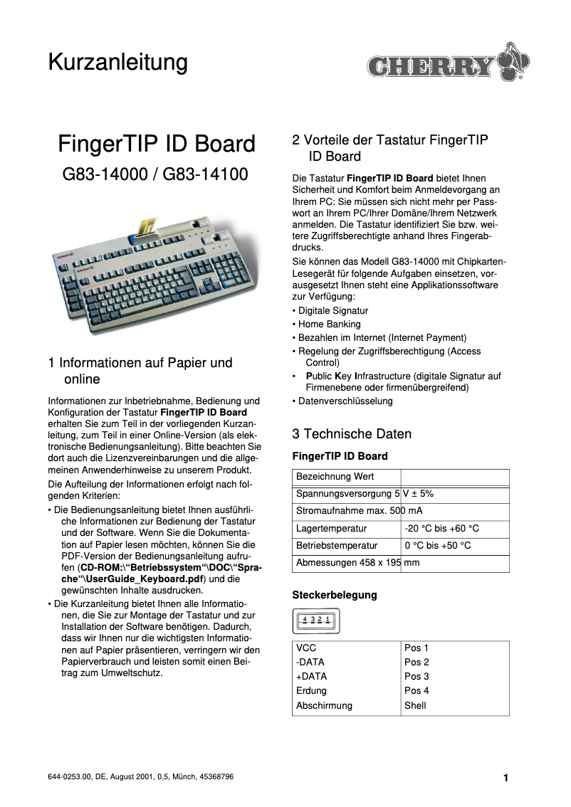 Page 1 of the manual User Manual Cherry FingerTIP ID Board G83-14000