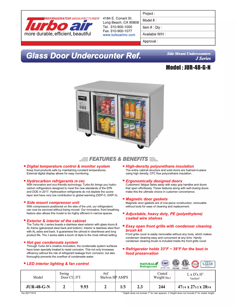 Page 1 of the manual Technical Sheet Turbo air JUR-48-G