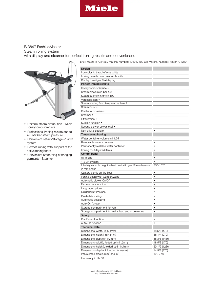 Page 1 of the manual Technical Sheet Miele FashionMaster B 3847