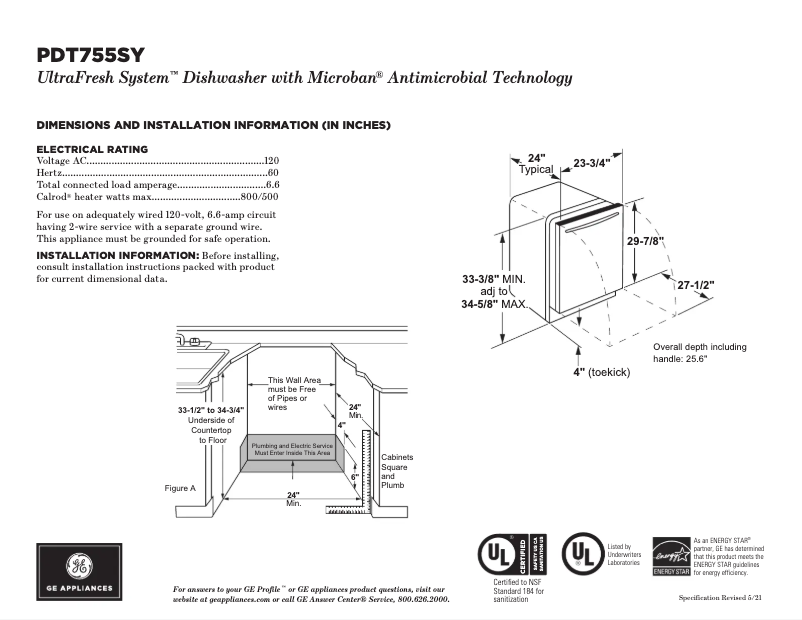 Page 1 of the manual Technical Sheet GE Profile DT755SYRFS