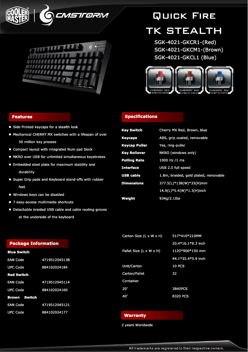 Page 1 of the manual Technical Sheet Cooler Master Quick Fire TK Stealth