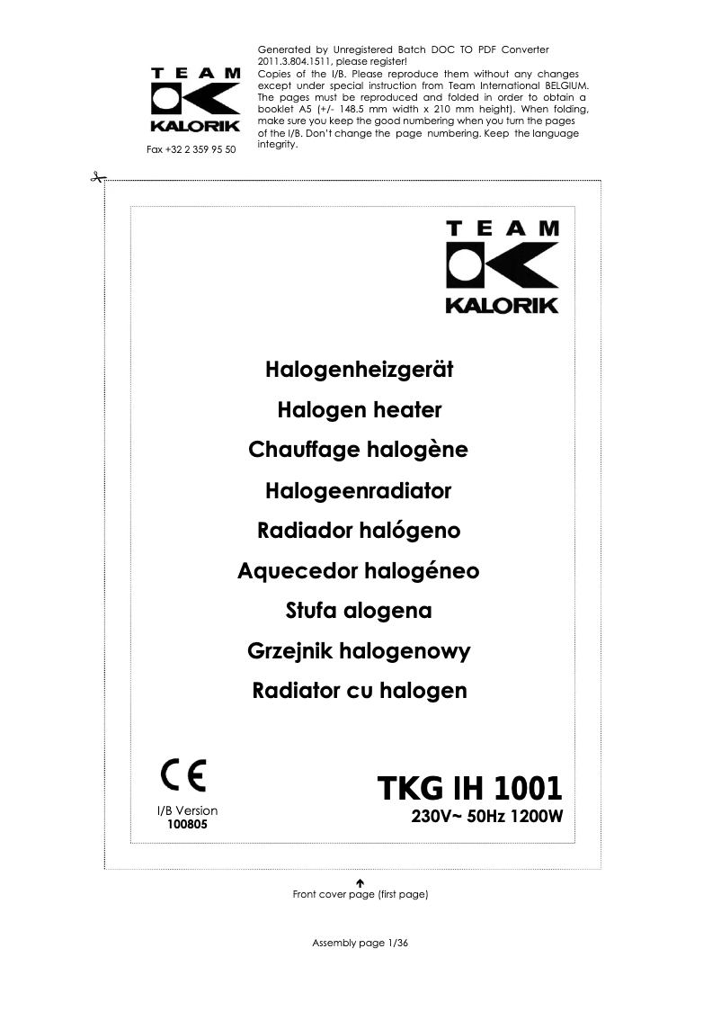 Page 1 of the manual User Manual Kalorik TKG IH 1001