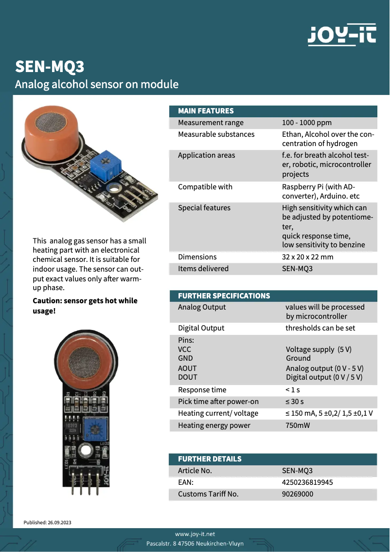 Page 1 de la notice Fiche technique Joy-It SEN-MQ3