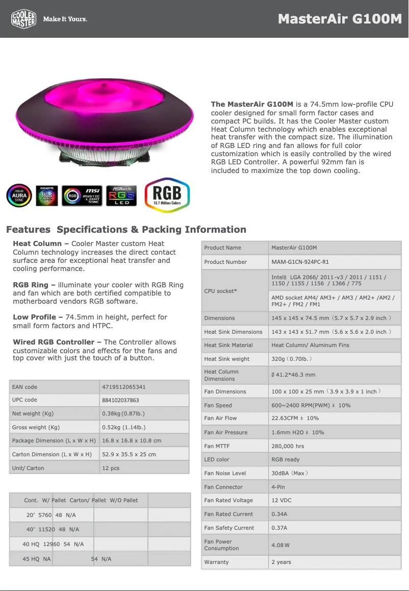 Page 1 of the manual Technical Sheet Cooler Master MasterAir G100M