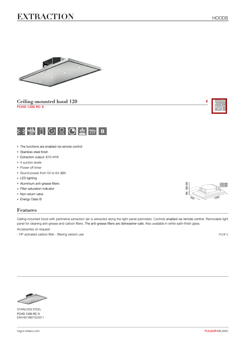 Page 1 of the manual Technical Sheet Fulgor Milano FCHD 1200 RC X