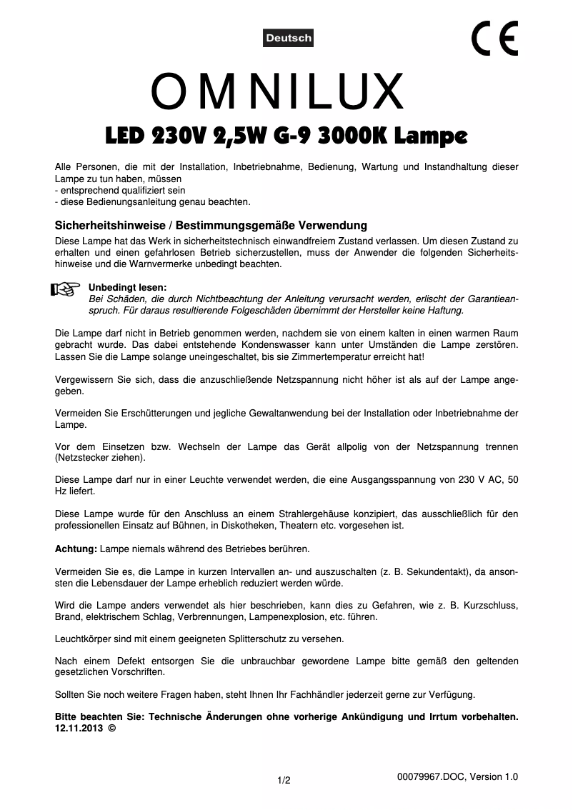 Page 1 of the manual User Manual Omnilux LED 230V