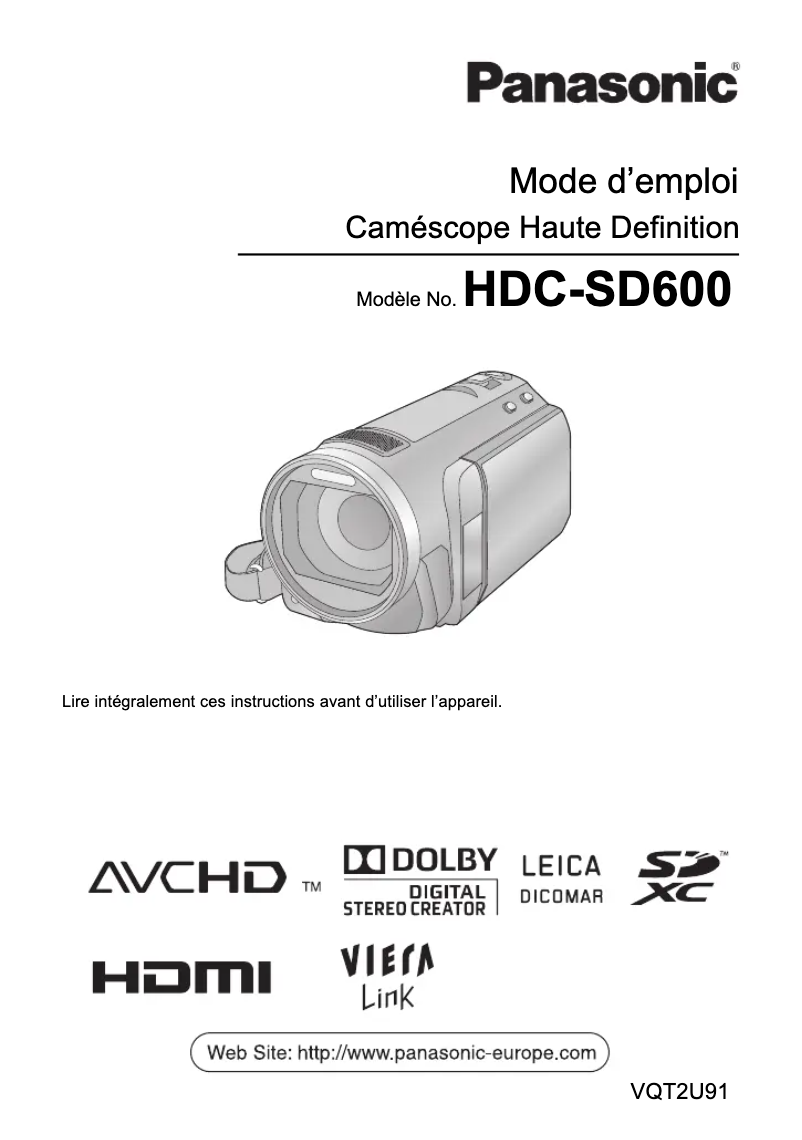 Page 1 of the manual User Manual Panasonic HDC-SD600