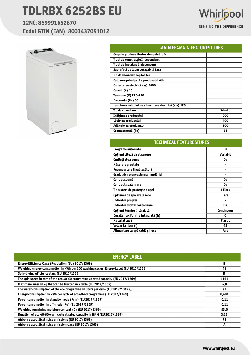 Page 1 of the manual Technical Sheet Whirlpool TDLRBX 6252BS EU