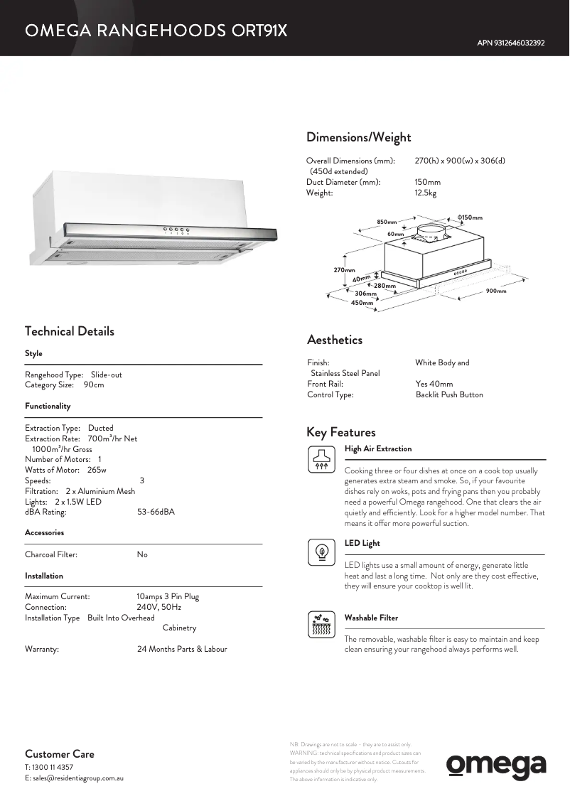 Page 1 of the manual Technical Sheet Omega ORT91X