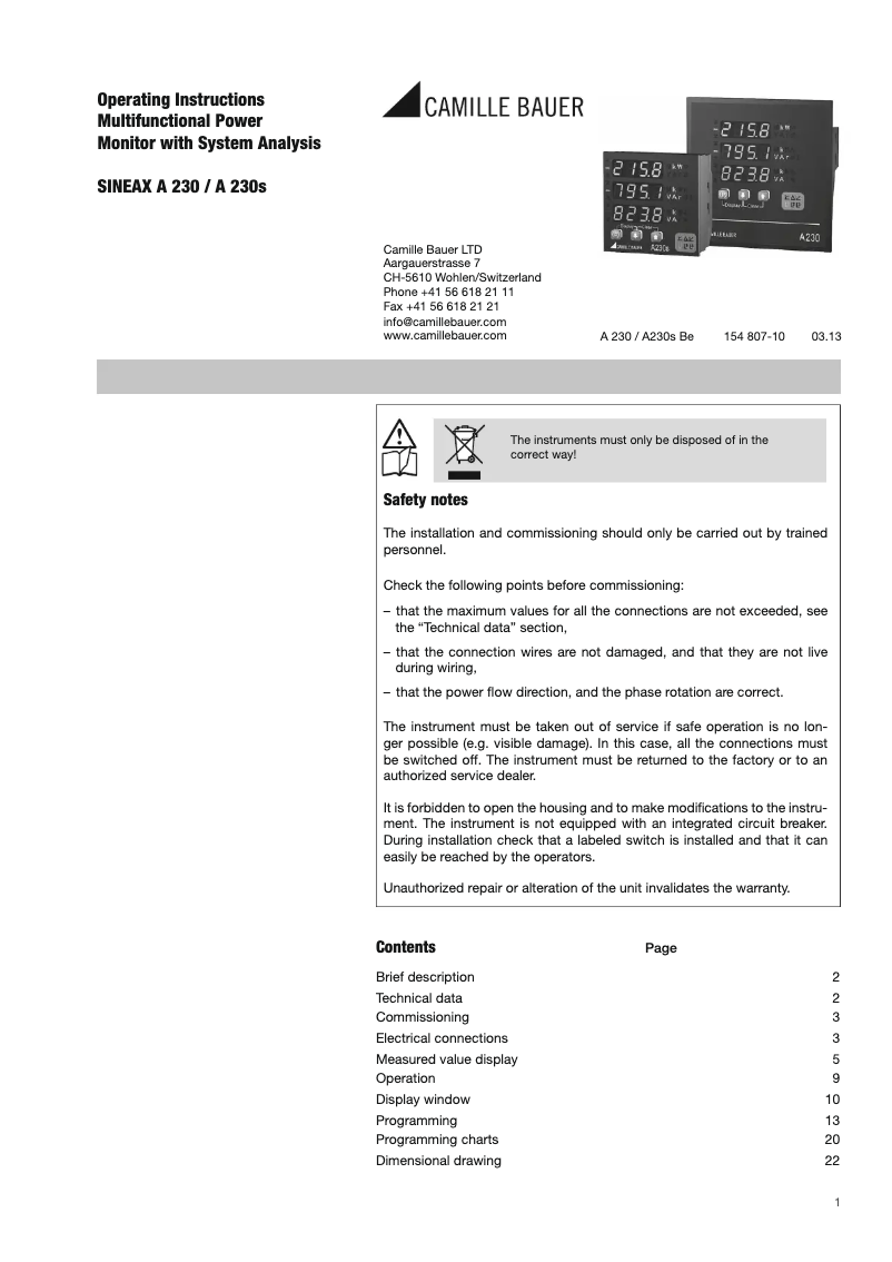 First page image of the manual for Sineax A230