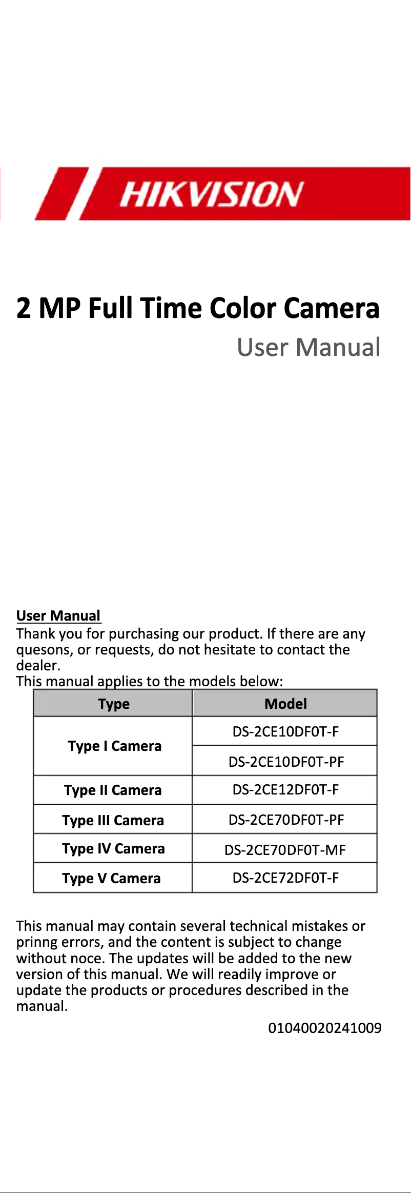 First page image of the manual for DS-2CE70DF0T-PF