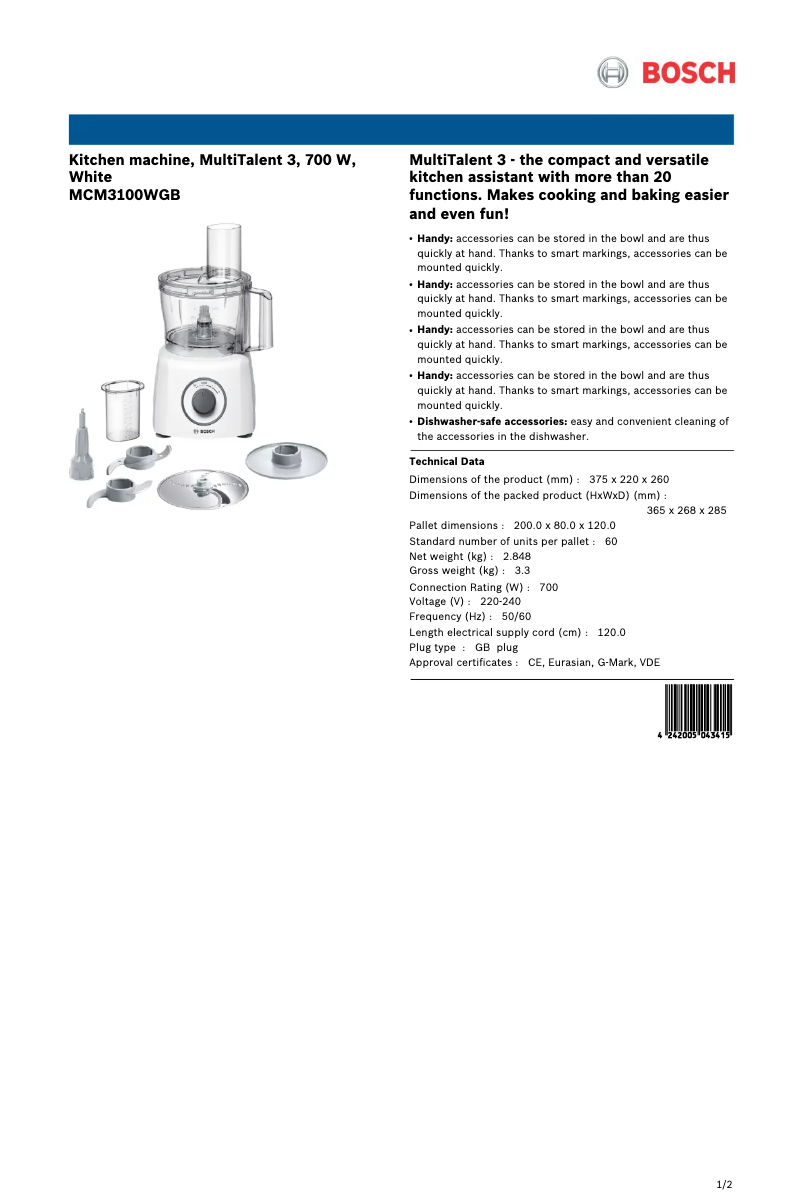 Page 1 of the manual Technical Sheet Bosch MCM3100WGB