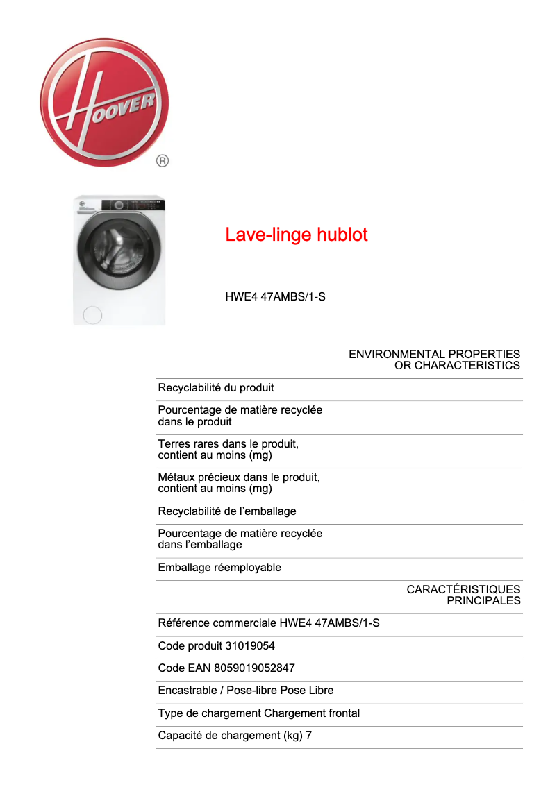 Page 1 of the manual Technical Sheet Hoover HWE4 47AMBS/1-S