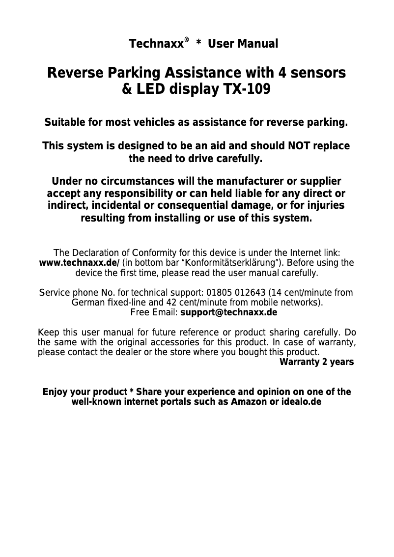First page image of the manual for TX-109
