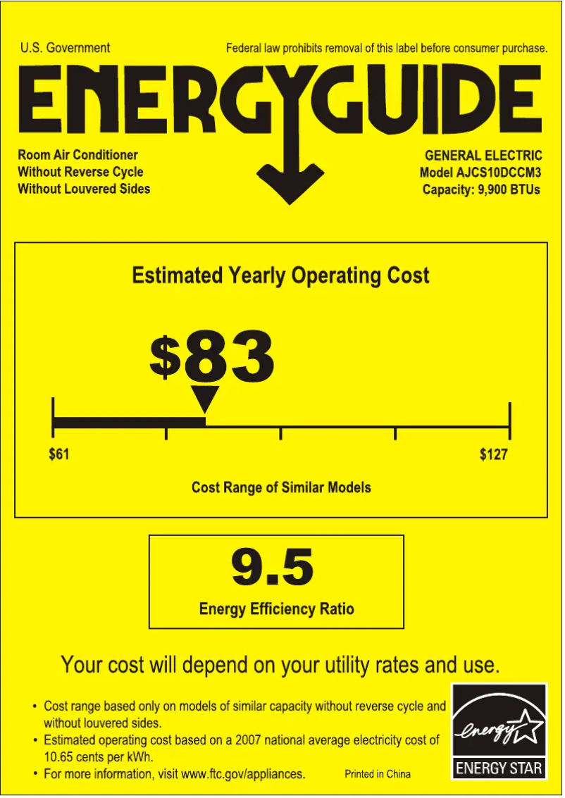 Page 1 of the manual Energy Label GE AJCS10DCC