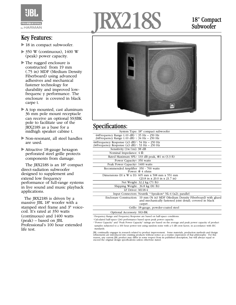 Page 1 of the manual Instruction Manual JBL JRX218S