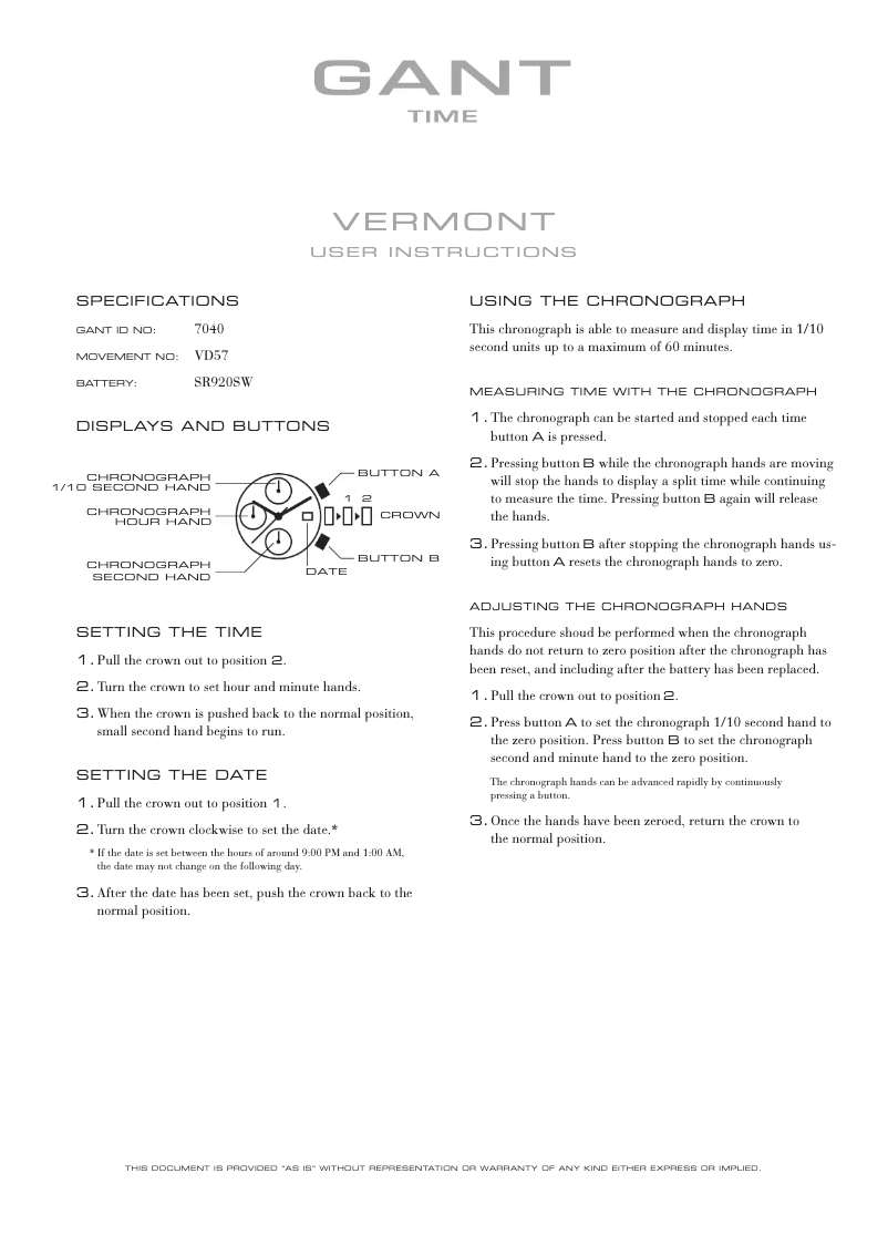 First page image of the manual for Vermont 7040