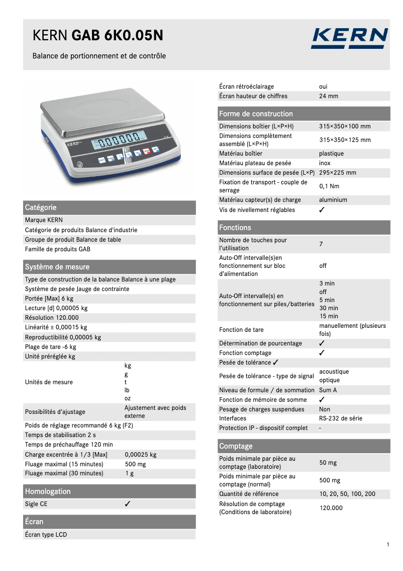 Page 1 of the manual Technical Sheet Kern GAB 6K0.05N