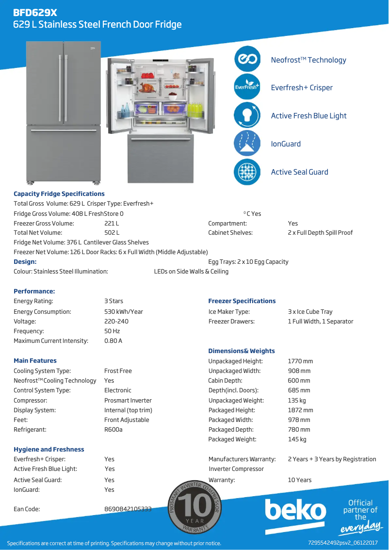 Page 1 of the manual Technical Sheet Beko BFD629X
