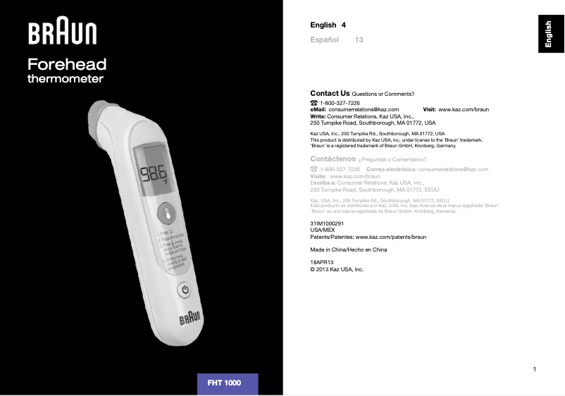 First page image of the manual for FHT1000US