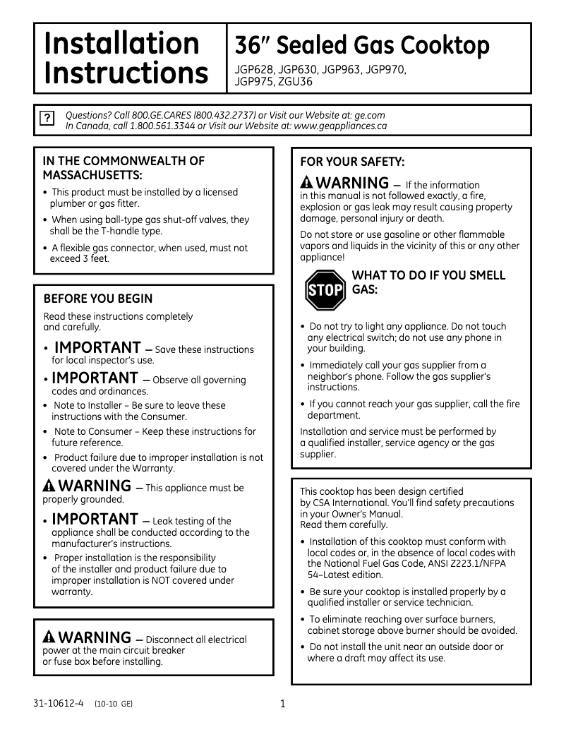 Page 1 of the manual Installation Guide GE JGP628SEKSS