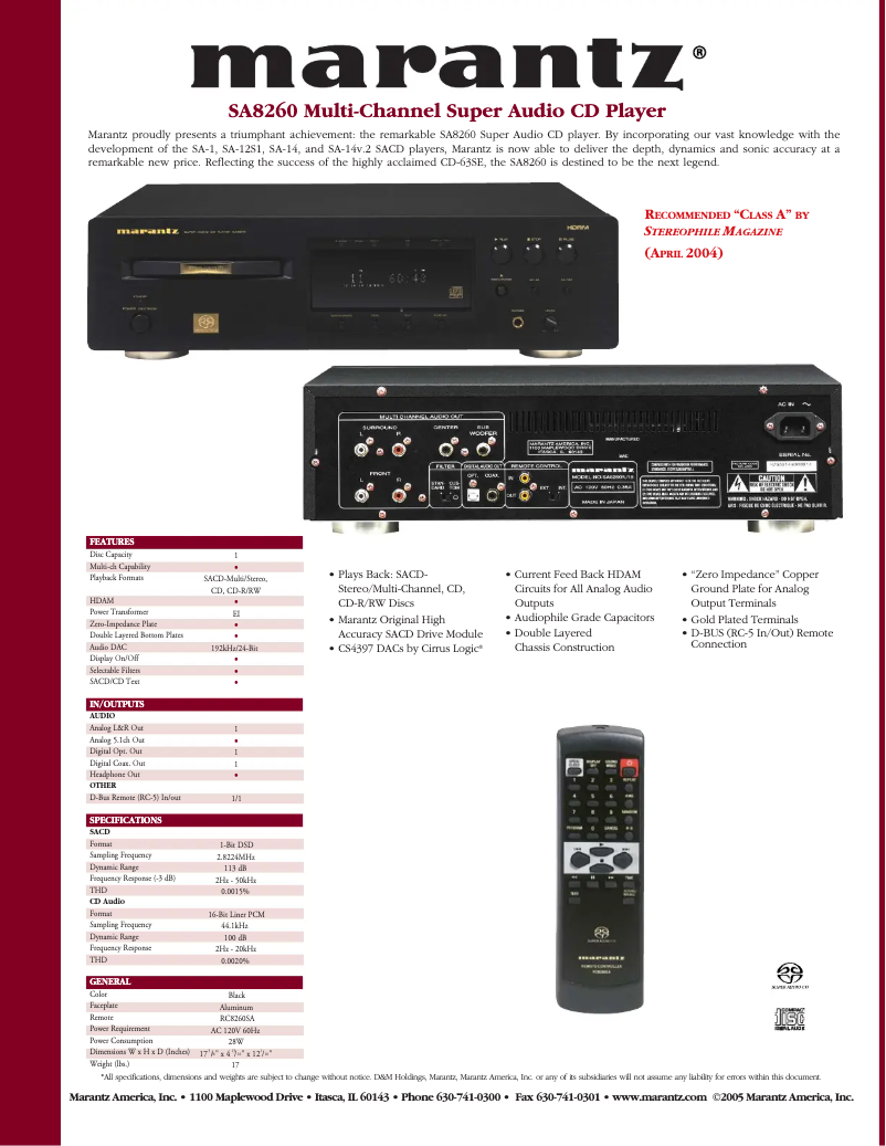 Page 1 of the manual Technical Sheet Marantz SA-8260