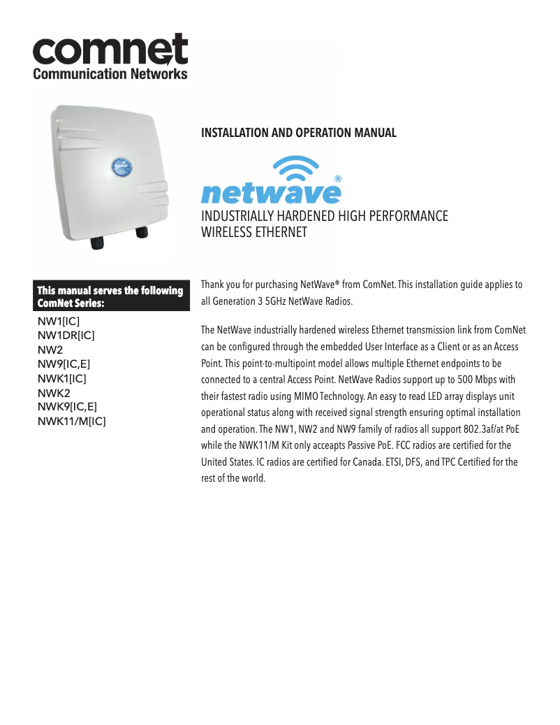 Page 1 of the manual User Manual ComNet NetWave NW1DR