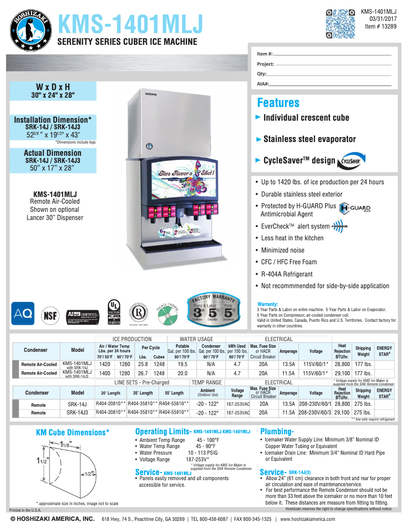 Page 1 of the manual Technical Sheet Hoshizaki KMS-1401MLJ