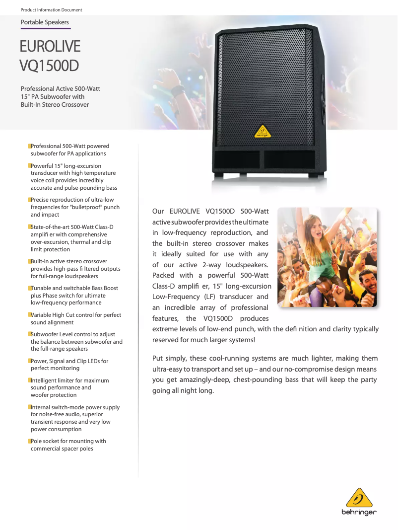 Page 1 of the manual Technical Sheet Behringer EuroLive VQ1500D