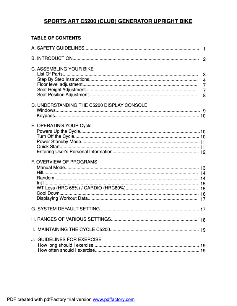Page 1 of the manual User Manual SportsArt C5200