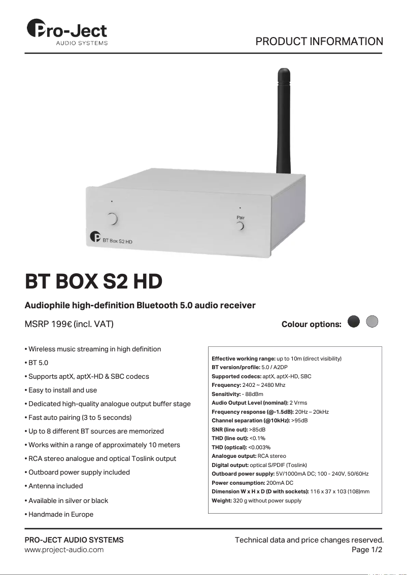 Page 1 of the manual Technical Sheet Pro-Ject BT Box S2 HD
